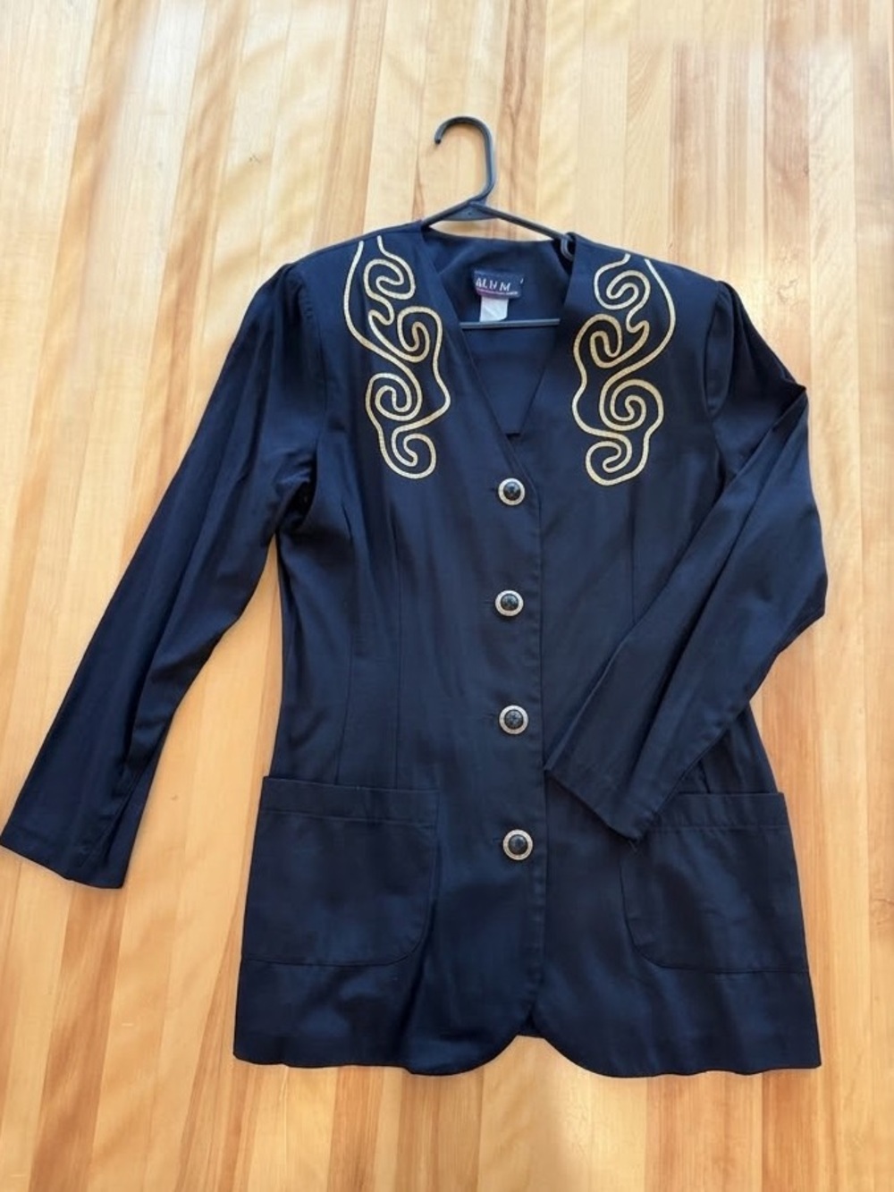 Womens Black Blazer with Gold Embroidered Collar
